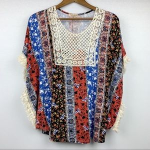 Lavish Fringe Poncho Style Scoop Lace Neck Blouse